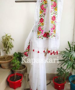 Handloom weaving Mulberry Silk Linen Saree with Embroidery Design.