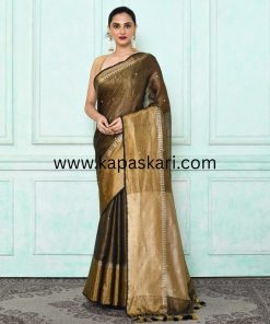 Handwork sequence Metallic Zari Linen Saree .