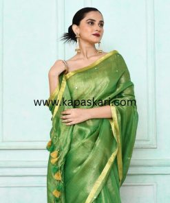 Handwoven Sequence Zari Linen Saree .