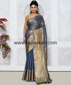 Handwork sequence Metallic Zari Linen Saree .